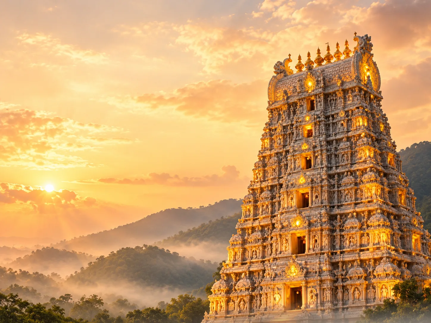 Tirumala temple gopuram at sunrise